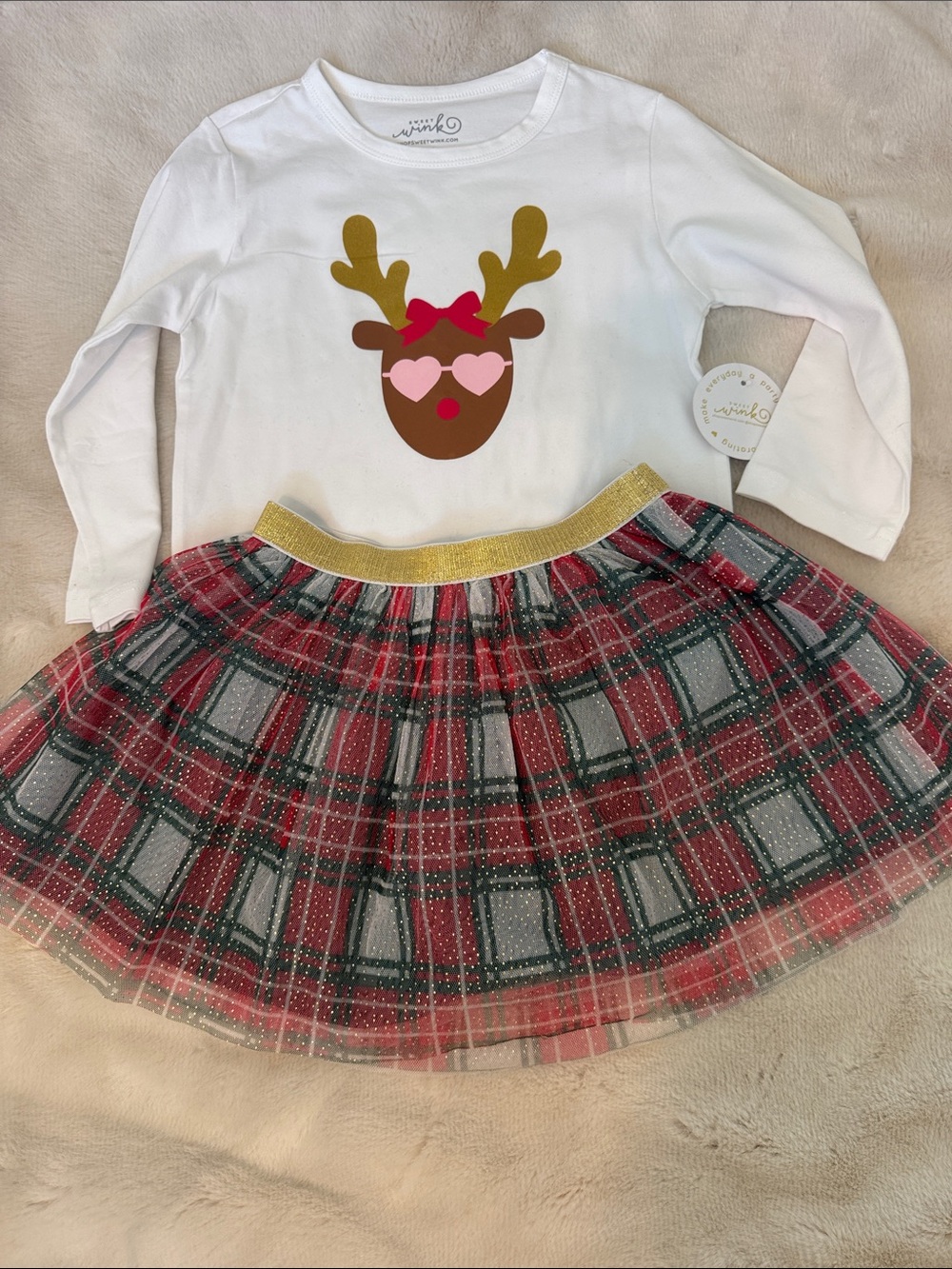 Sweet Wink White Reindeer Top & Red Plaid Skirt Kids Matching Set
